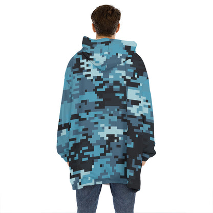 Blue And Black Digital Camo Print Hoodie Blanket