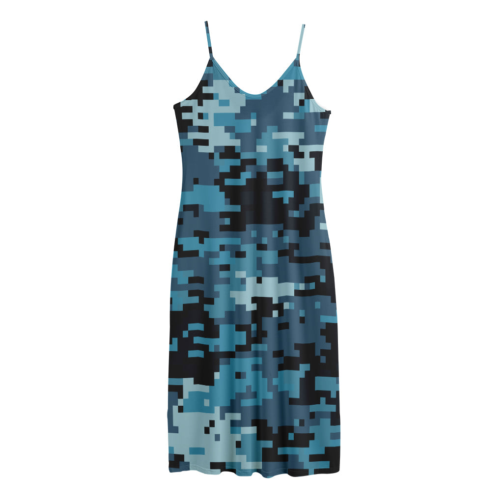 Blue And Black Digital Camo Print Jersey Midi Cami Dress