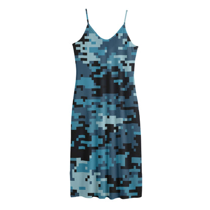 Blue And Black Digital Camo Print Jersey Midi Cami Dress