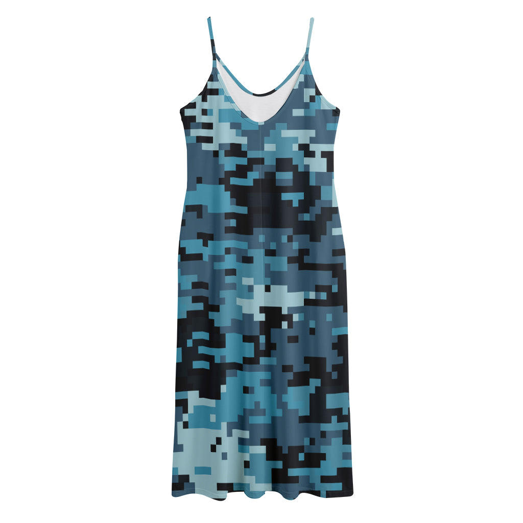 Blue And Black Digital Camo Print Jersey Midi Cami Dress