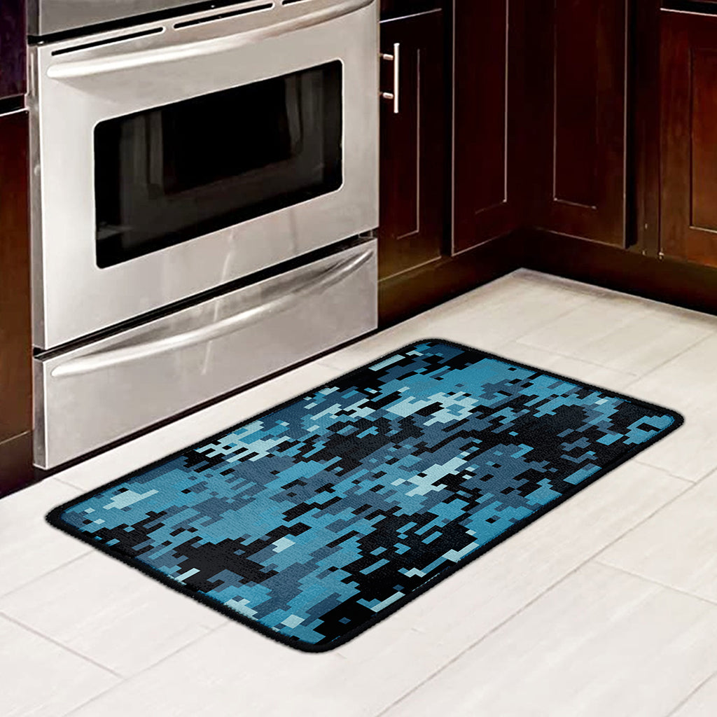 Blue And Black Digital Camo Print Kitchen Mat