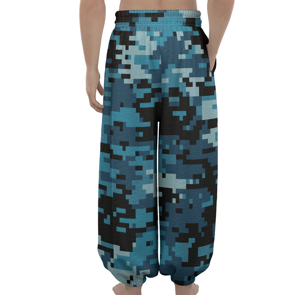 Blue And Black Digital Camo Print Lantern Pants