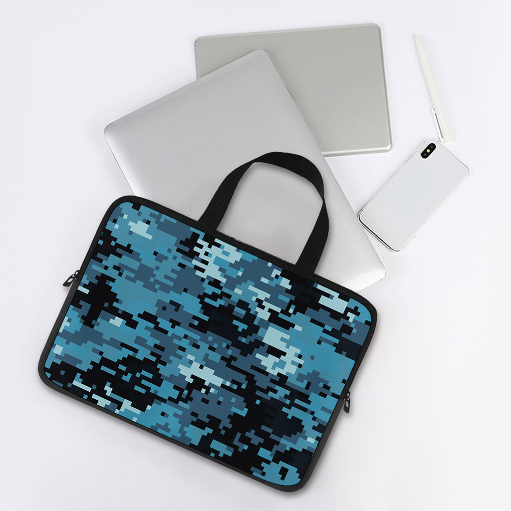 Blue And Black Digital Camo Print Laptop Sleeve With Handle