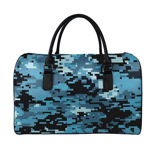 Blue And Black Digital Camo Print Leather Duffle Bag