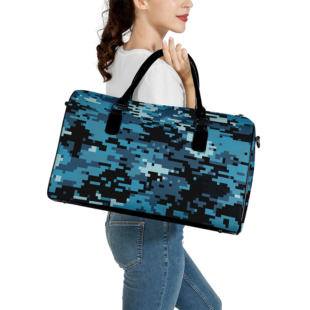 Blue And Black Digital Camo Print Leather Duffle Bag