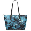 Blue And Black Digital Camo Print Leather Tote Bag With Zipper