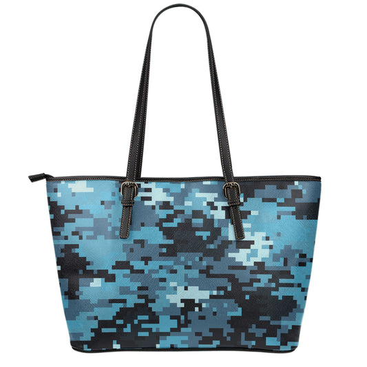 Blue And Black Digital Camo Print Leather Tote Bag