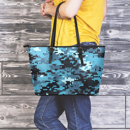 Blue And Black Digital Camo Print Leather Tote Bag