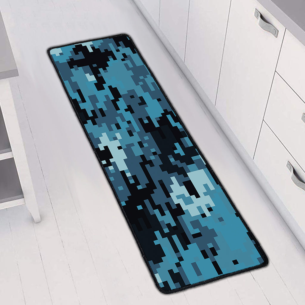 Blue And Black Digital Camo Print Long Kitchen Mat