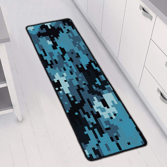Blue And Black Digital Camo Print Long Kitchen Mat