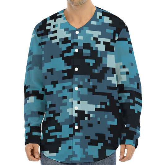 Blue And Black Digital Camo Print Long Sleeve Baseball Jersey