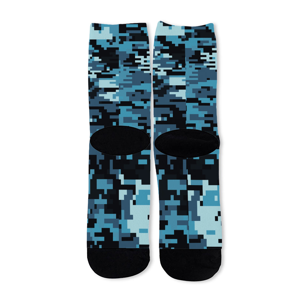Blue And Black Digital Camo Print Long Socks