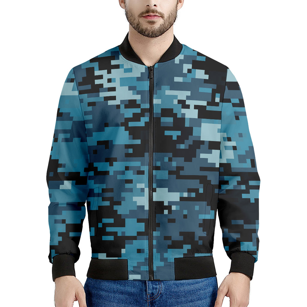 Blue And Black Digital Camo Print Men's Bomber Jacket