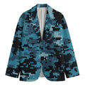 Blue And Black Digital Camo Print Men's Cotton Blazer