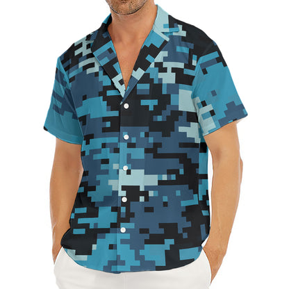 Blue And Black Digital Camo Print Men's Deep V-Neck Shirt