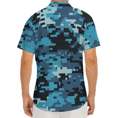 Blue And Black Digital Camo Print Men's Deep V-Neck Shirt
