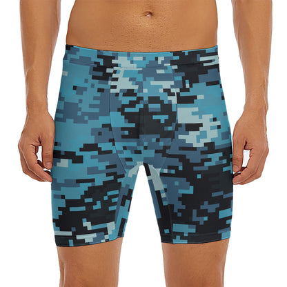 Blue And Black Digital Camo Print Men's Long Boxer Briefs
