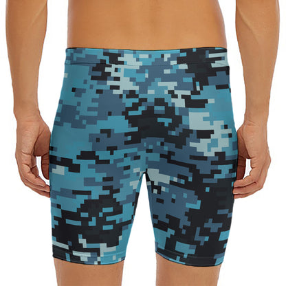 Blue And Black Digital Camo Print Men's Long Boxer Briefs