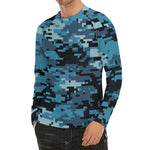 Blue And Black Digital Camo Print Men's Long Sleeve Rash Guard