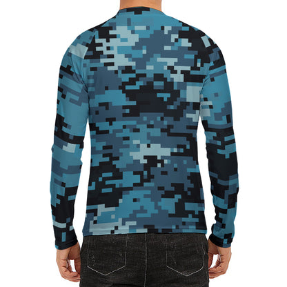 Blue And Black Digital Camo Print Men's Long Sleeve Rash Guard