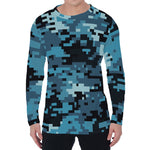 Blue And Black Digital Camo Print Men's Long Sleeve T-Shirt
