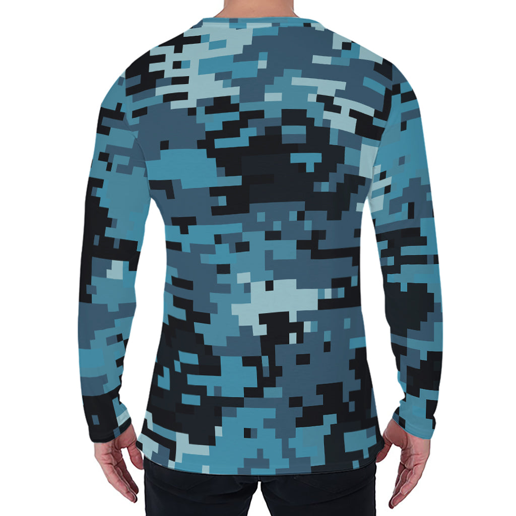 Blue And Black Digital Camo Print Men's Long Sleeve T-Shirt