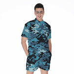 Blue And Black Digital Camo Print Men's Rompers