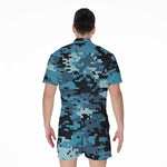 Blue And Black Digital Camo Print Men's Rompers