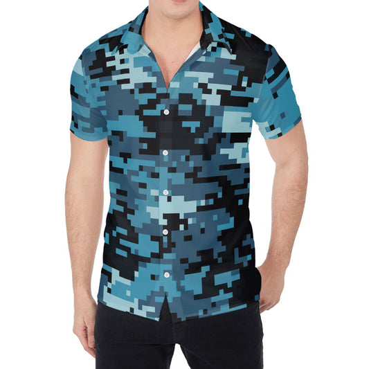 Blue And Black Digital Camo Print Men's Shirt