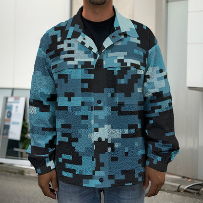 Blue And Black Digital Camo Print Men's Shirt Jacket