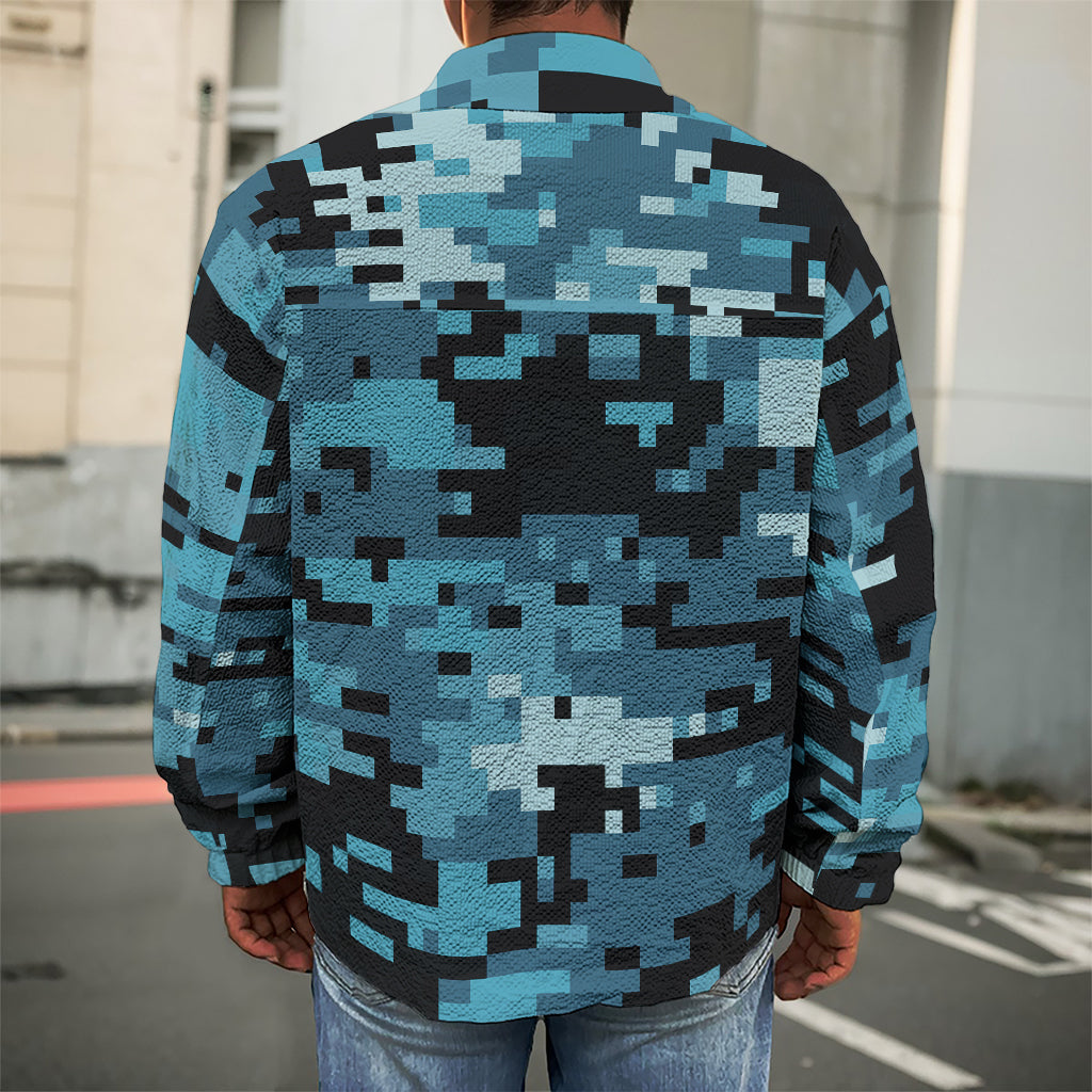 Blue And Black Digital Camo Print Men's Shirt Jacket