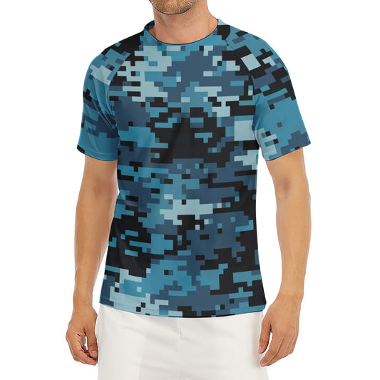 Blue And Black Digital Camo Print Men's Short Sleeve Rash Guard