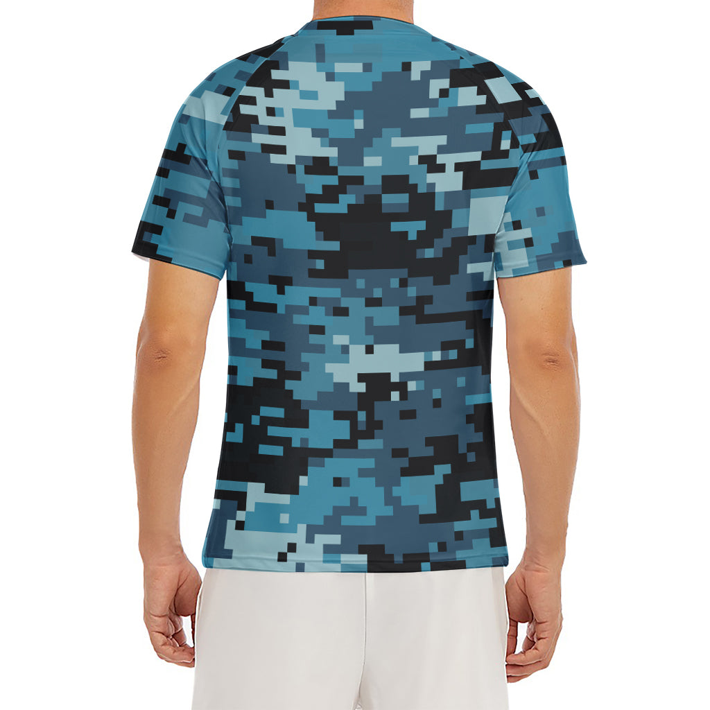 Blue And Black Digital Camo Print Men's Short Sleeve Rash Guard