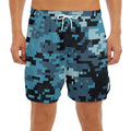 Blue And Black Digital Camo Print Men's Split Running Shorts