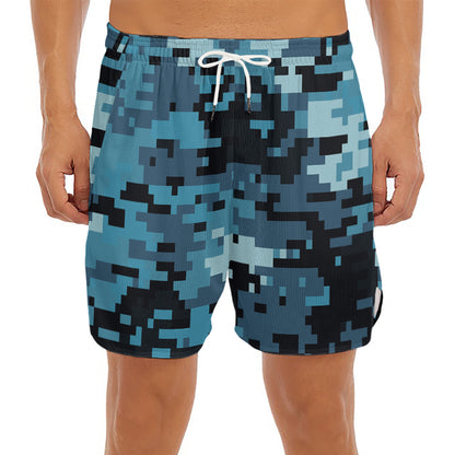 Blue And Black Digital Camo Print Men's Split Running Shorts
