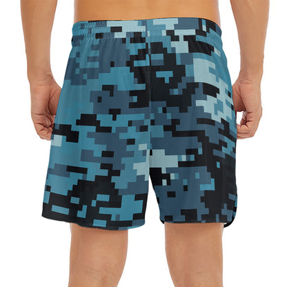 Blue And Black Digital Camo Print Men's Split Running Shorts