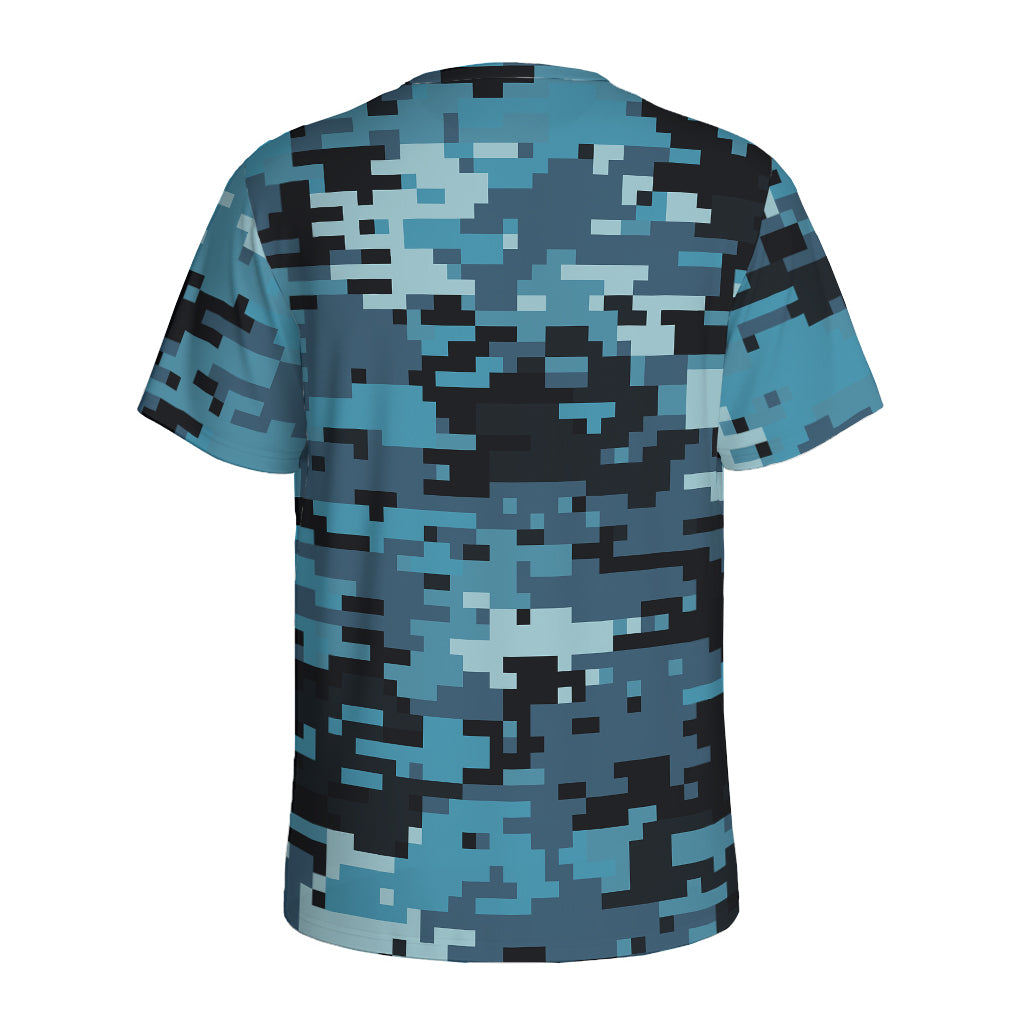 Blue And Black Digital Camo Print Men's Sports T-Shirt