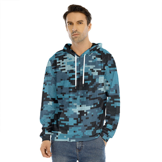 Blue And Black Digital Camo Print Men's Velvet Pullover Hoodie