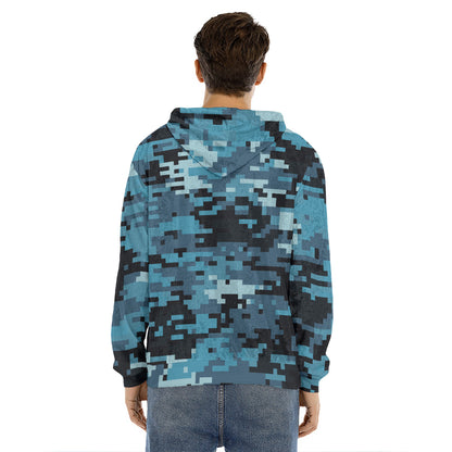 Blue And Black Digital Camo Print Men's Velvet Pullover Hoodie