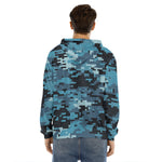 Blue And Black Digital Camo Print Men's Velvet Pullover Hoodie