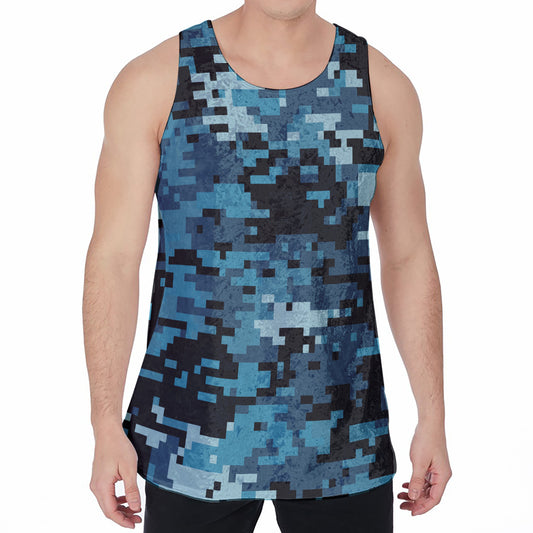 Blue And Black Digital Camo Print Men's Velvet Tank Top