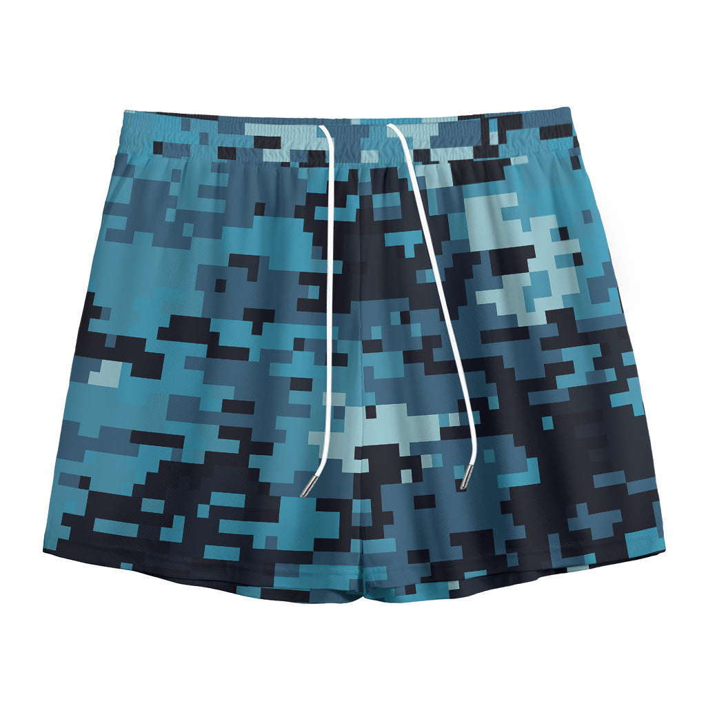 Blue And Black Digital Camo Print Mesh Shorts