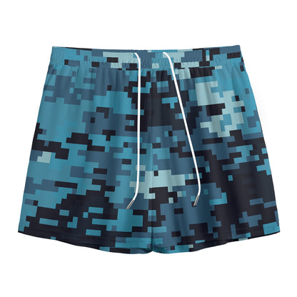 Blue And Black Digital Camo Print Mesh Shorts