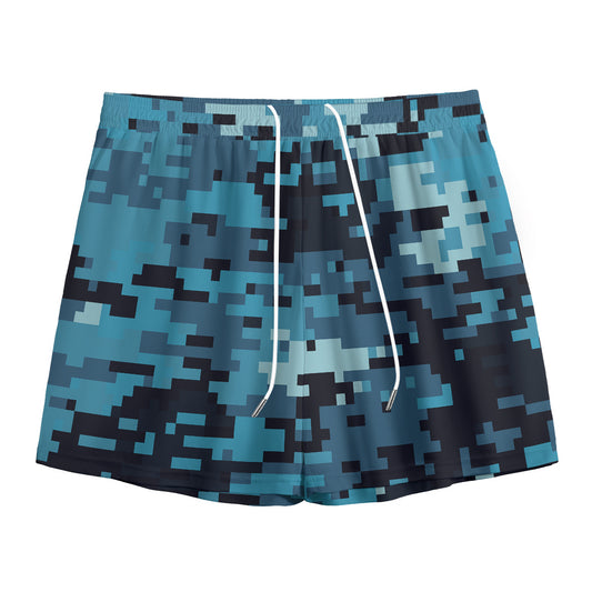 Blue And Black Digital Camo Print Mesh Shorts
