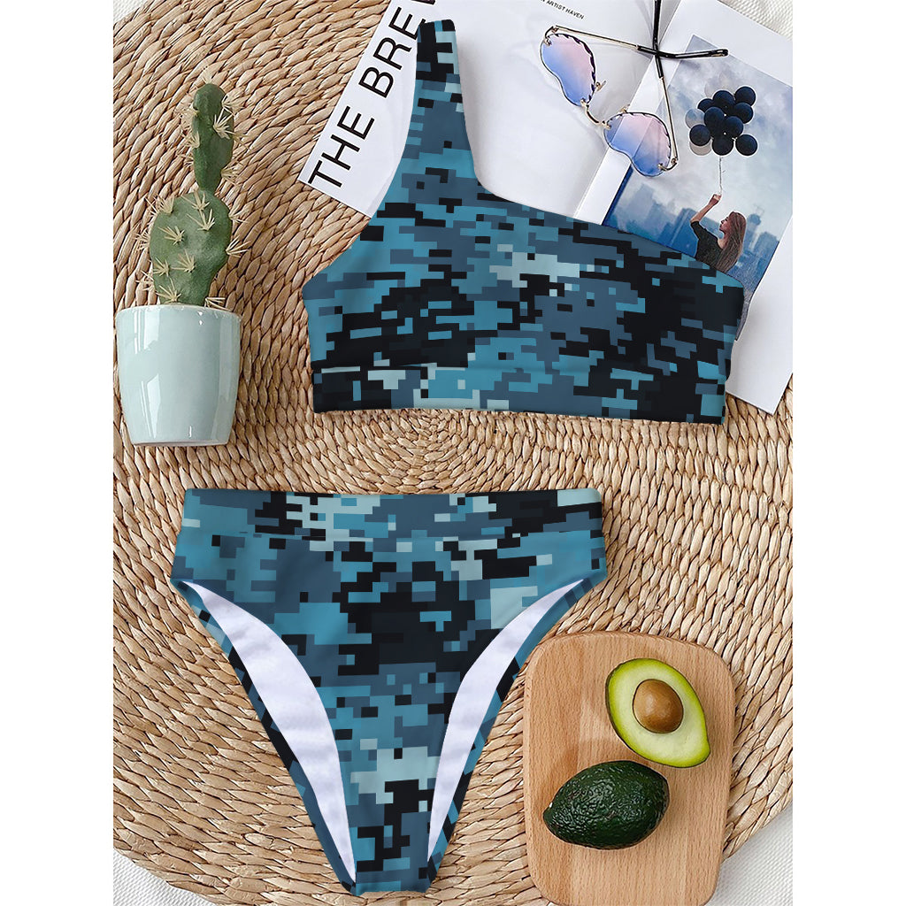 Blue And Black Digital Camo Print One Shoulder Bikini Top