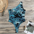 Blue And Black Digital Camo Print One Shoulder Bodysuit