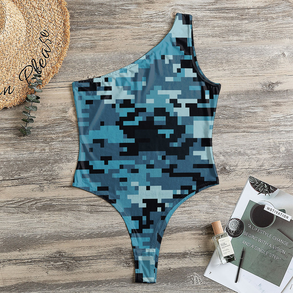 Blue And Black Digital Camo Print One Shoulder Bodysuit