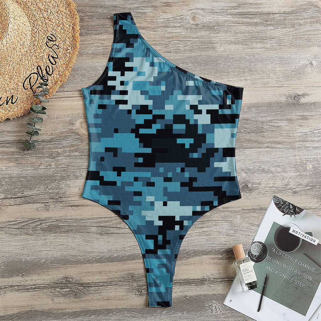 Blue And Black Digital Camo Print One Shoulder Bodysuit
