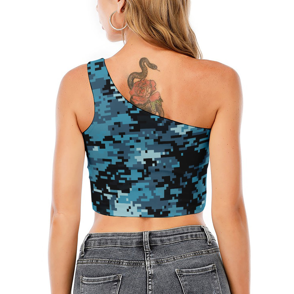 Blue And Black Digital Camo Print One Shoulder Crop Top