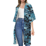 Blue And Black Digital Camo Print Open Front Beach Cover Up